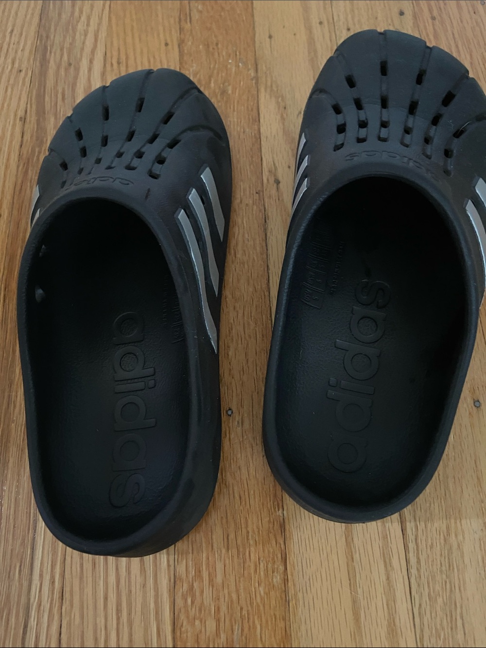 adidas Black Clog Sandals with Silver Stripes - Picture 2 of 7